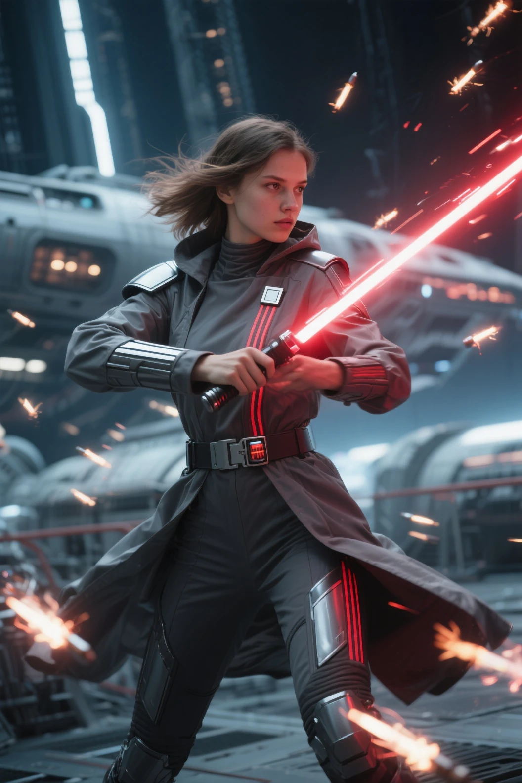 ultra wide angle, in focus, dark epic background, gorgeous lifelike, dynamic pose, a young lady, (highly detailed face and eyes:1.3), arrogant expression, holding red lightsaber in his hand, medium shot, hyper details, lighting art, cinematic, insane details, intricate details, hyperdetailed, goth, fractal, dark shot, big , full body