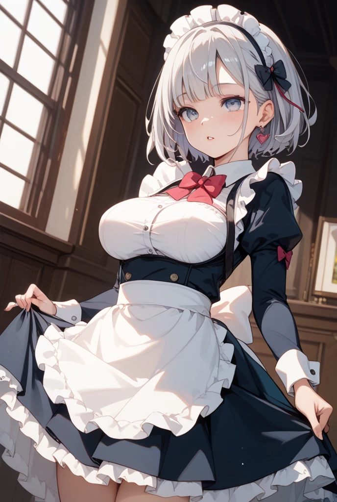 ((((masterpiece, Highest quality, High resolution)))), Extremely detailed 8K, Beautiful girl with a voluptuous body, (Ultra HD, Super detailed, Very detailed, Very realistic, Ultra-realistic, Photo Real), (One girl:1.5), (Realistic white hair), (Short Wavy Hair, hair ornaments, Earrings), (Dynamic pose), To the camera, View your viewers, (blush, Embarrassing, smile), (Purple eyes, Sharp eyes), (Firm breasts:1.2), (Beautifully detailed face, Beautiful attention to detail), ((Maid clothes, Maid Apron, Cat Ear Headband)), (detailed pussy), (stand up), Sweat, shine, (Sunbeam, sunlight), ((Cowboy Shot)), coffee shop, ((Highest quality、High resolution))、Portraiture、Perfect body、Beautiful and bountiful breasts、Sexually excited expression、((throw、maid shows pussy))、Love Juice、I'm inviting you to have sex