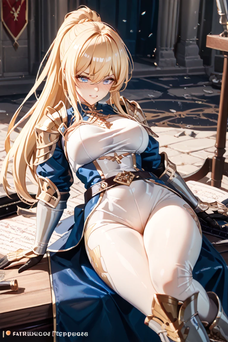 ((female knight)), blonde, ((mature woman)), (26 years old), (huge breasts), nice hips, voluptuous, detailed skin, ((SHARP detail perfect face)), (skimpy clothes), ((thong)), ((seducing viewer)), ((masterpiece)), best quality, (SHARP details), 4k,