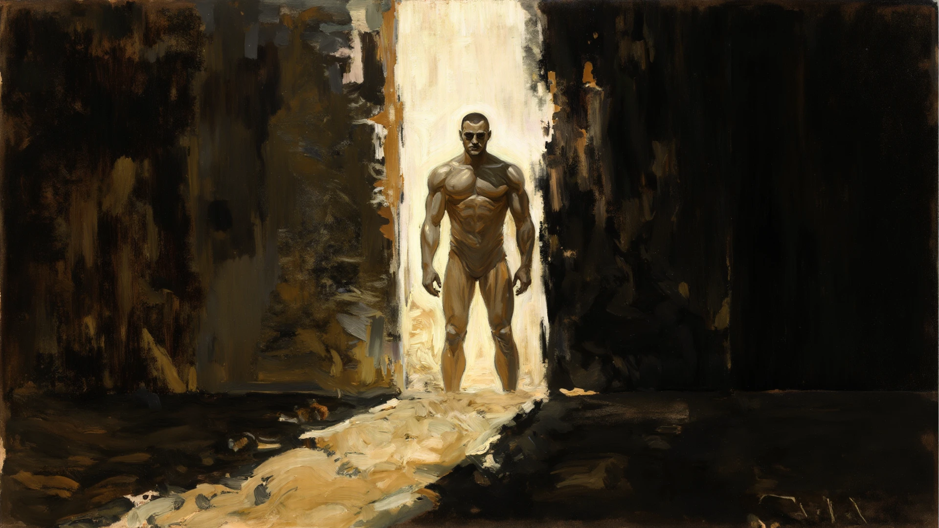 oil painting, oil on canvas, brush stroke texture, chiaroscuro mood, Wolf Master, Youthful, Man, art by Andreas Achenbach, by Frank Frazetta, intricate details, extremely detailed, dreamy, artistic interpretation, concept art, handsome man, chest, abs, slim waist, penis showing, full body, oil paint, masterpiece