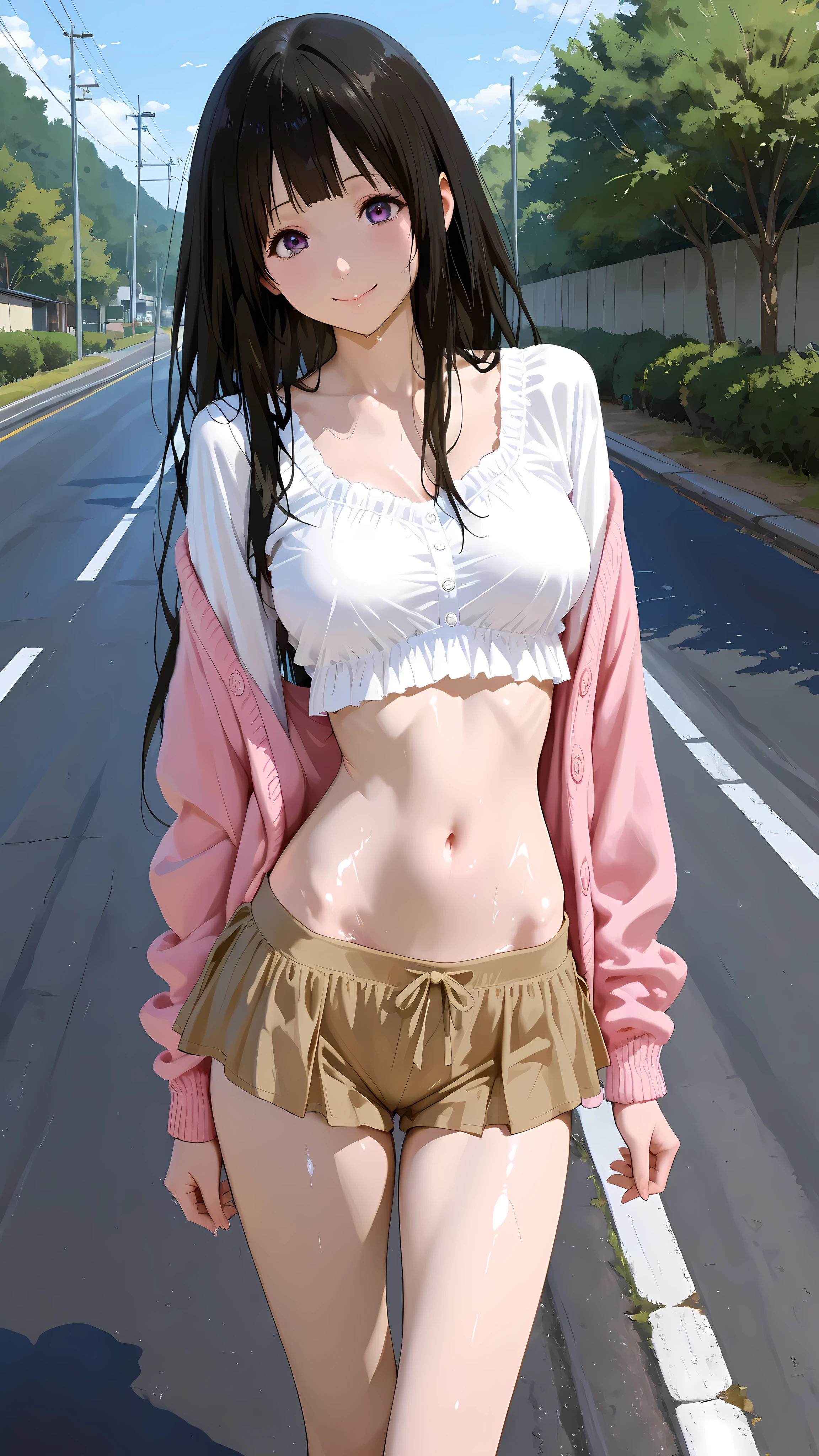 anime girl in pink wet clothes, Realistic Shadows, Detailed skin, Very small breasts, Black Hair, Hair Ribbon, Very detailed, 8kのVery detailedな顔, perfect face shape, Perfect Lips, Perfect Nose, Correct beautiful eyes, Audience, masterpiece, Highest quality, Single women, Very good, No pants, alone
