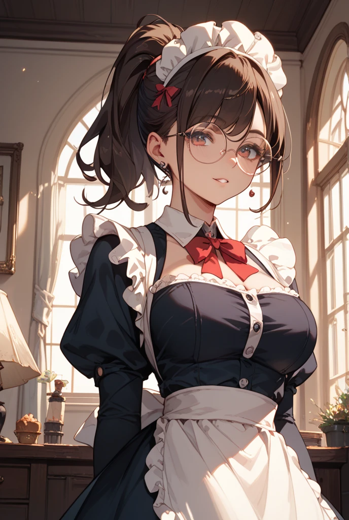 (1girl, yuri alpha:1.0), (anime overlord), (solo:1.4), (Maid_Dress), (64k, UHD, Raw photo, highes, Best Quality, mastepiece:2.0), (Ultra-fine depiction of details:3.0), (a serious, loyal, hard-working maid head, the vice-captain of the "Pleiades Six Stars", the battle maid squad of the Great Tomb of Nazarick), (a beautiful woman with an intelligent look), black hair, (elegant, vivid blue bowtie, ribbon:1.3), (green wristband), (She is equipped with highly elaborately designed, dark emerald green spiky gauntlets:1.5), (perfect face, perfect body, perfect figure, pink lips, slight blush), (cool, intellectual glasses), (gray, black eyes:1.3), (shiny sleek long hair, single hair bun, single braid bun, double bun), (silky, high-quality, majestic, gothic, ((low-key)), simple, maid dress:1.0), (vivid blue gothic style choker:1.3), (pure white maid apron:1.2), (gigantic breasts, almost brimming out of maid dress:1.2), (sexy cleavage:1.1), inhouse, studying the orders issued by the master of [the Great Tomb of Nazarick, Ainz Ooal Gown], the room is filled with solemn atmosphere, (long shot, full body shot), (perfect lighting,)
