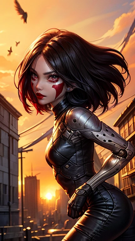 (masterpiece, top quality, best quality, official art, beautiful and aesthetic:1.2,photorealistic:1.4, ),<lora:more_details:1>,
 <lora:Alita_SDXL_v2:0.8>, 4lit4,
 <lora:battle_angel_alita2:0.6>,  battle angel alita, alita, zalem
<lora:GallyV1.5:0.8>, gallywz, android, red facepaint, cyberpunk, mechanical arms, facial mark, leotard,pants, brown eyes, black hair, short hair