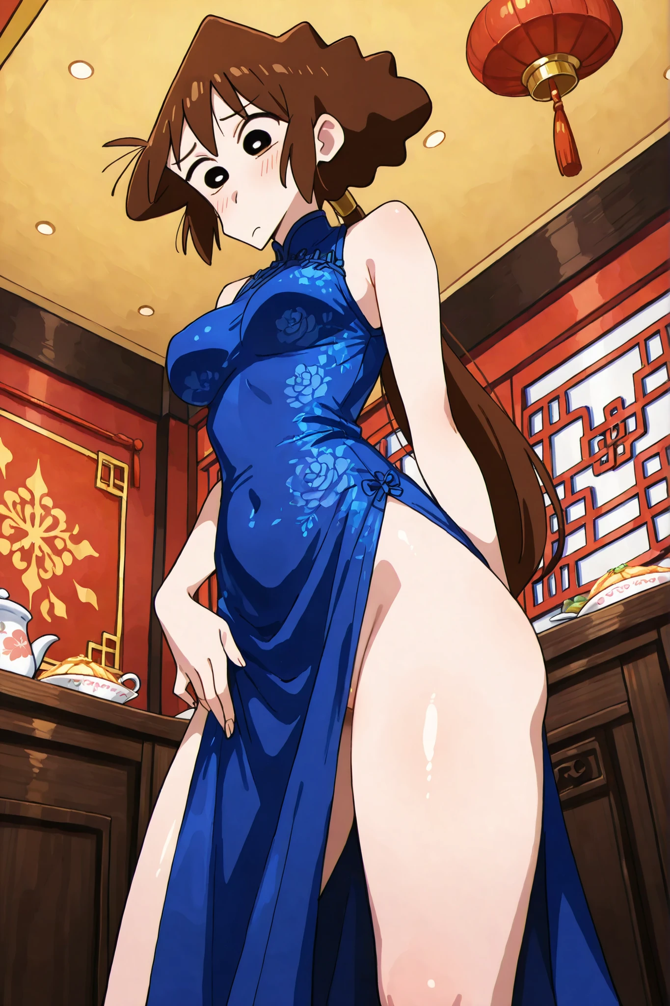 NSFW, Masterpiece, best quality, high resolution, very detailed, lora: misae nohara, dark brown hair、China blue dress, sleeveless,Chinese restaurant, (medium breasts) inner thighs focus