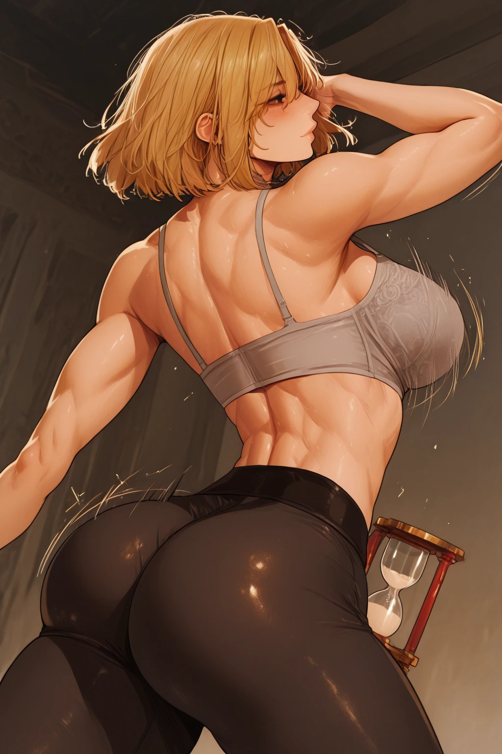 masterpiece, best quality, extremely detail 8k cg, high resolution, 1girl, hitch dreyse, blonde hair, emerald eyes, thin body, huge breasts, bubble butt, focus on butt, strapless bra, cheeky panties, beautiful face, medium full shot, from behind