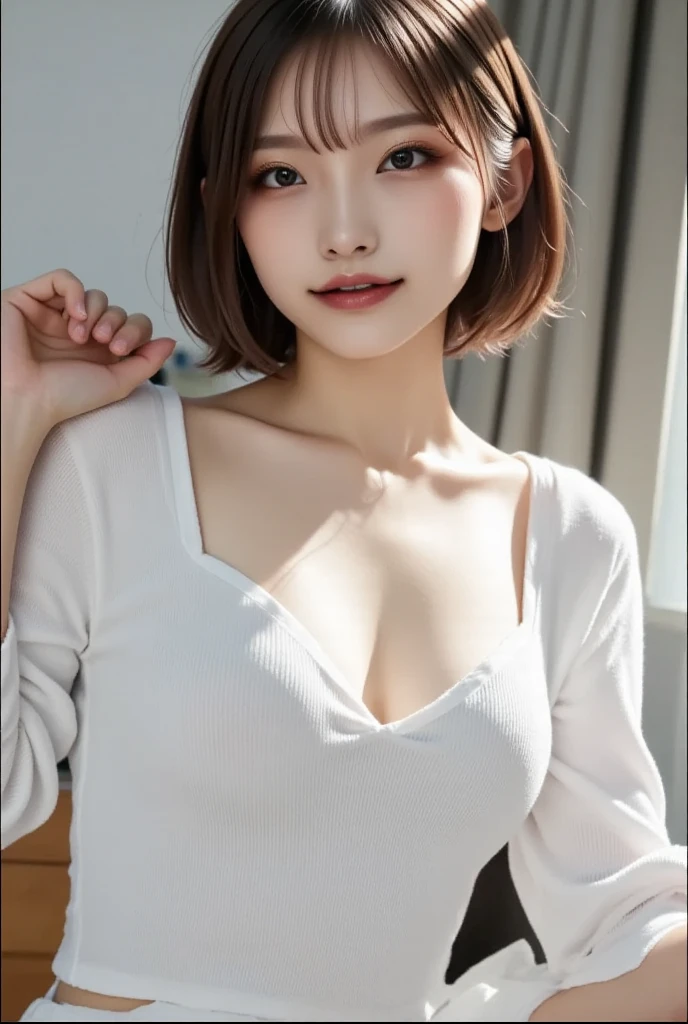 blush a little and smile, (Top quality masterpiece:1.2) Delicate illustrations, Very detailed, /Beautiful Japanese Women、1 person,Very cute and slim、Great style 、((8k images、super high quality))、Very delicate face, Skin and Hair、Big Breasts、beautifule forehead、Red lipstick、(((((short hair、Brown Hair、lure))))),Very cute Japanese cut face、Eyes and nose are clearly visible、Kind eyes,((((White sleeveless sexy dress))))
