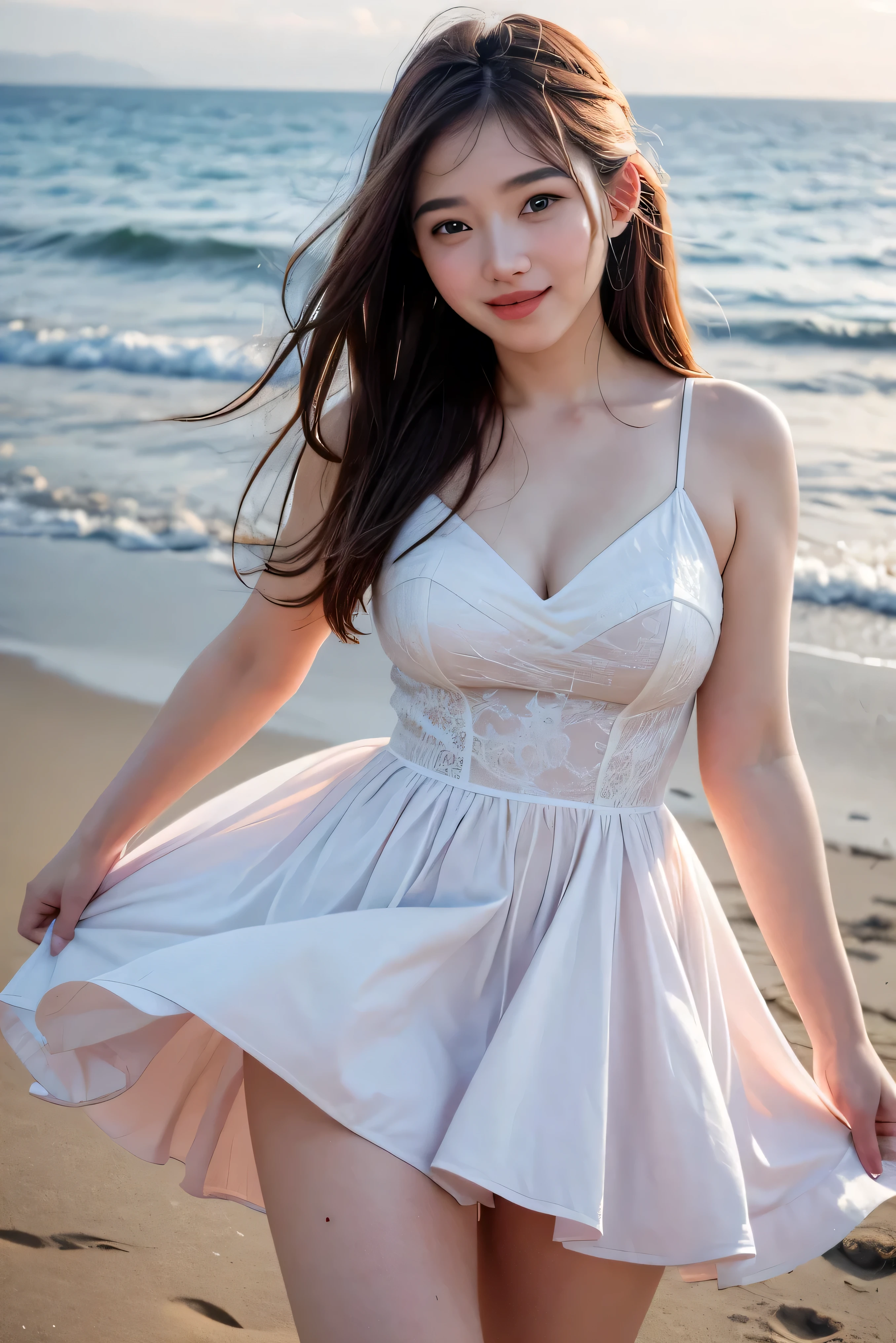 Photo-realistic quality、A woman wearing a sheer white lace slip on the beach Beautiful20Japan year old woman, Cute young woman, Beautiful girl model, Beautiful idol, looking at the camera、 Beautiful young Japanese woman, Young and pretty girl, Cute Smile、Slightly larger breasts、Cleavage、looking at the camera、A soft and gentle look、Detailed and beautiful eyes、Elegant mouth、Small Mouth