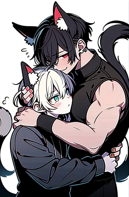 2 boys, Wolf,young people,Black fur,Topless,Plain white briefs,Heterochromia,blush