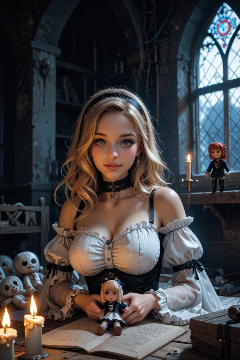 Cinematic film still, 1girl, Christina Ricci, new gothic gal, crocheted, 25yo, pale skin, innocent smile, epic long wavy hair, bangs, latex corset, ((detailed face)), (detailed skin), moist, intricate details, shallow depth of field, background creepy victorian age cemetery [volumetric fog], (((cowboy shot))), cinematic lighting, reflections, photographed on a Canon EOS R5, 50mm lens, F/2.8, HDR, 8k resolution, aged down, black hair with blue sheen, blue eyes,renatadaninsky