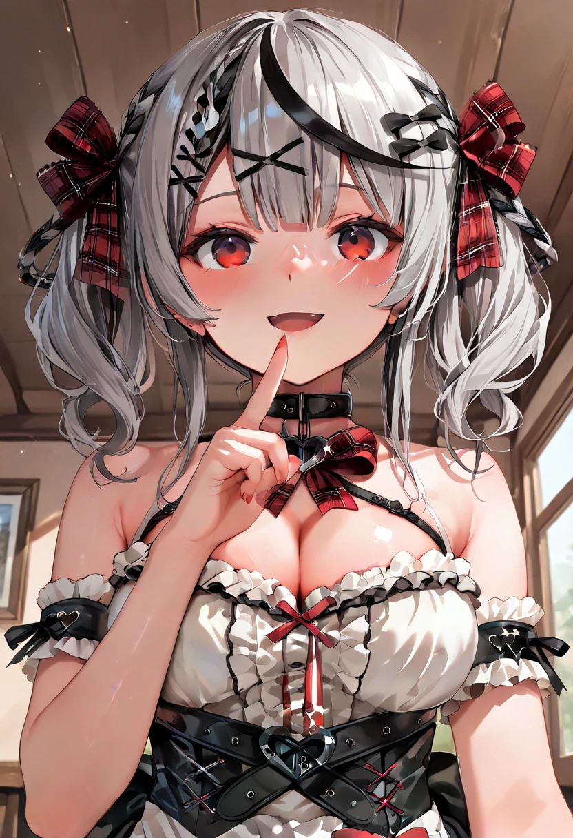 red eyes, large breasts, grey hair, bandaid, multicolored hair, looking at viewer, blush, black hair, cleavage, lying, streaked hair, on back, hair ornament, upper body, bangs, ribbon, black nails, twintails, sakamata chloe, sakamata_jirai, small breasts, BAND-AID hair ornament, lying on back