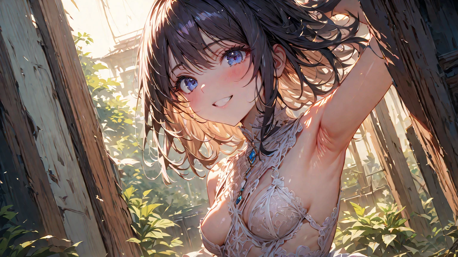 masterpiece, 4K, (lens flare:1.4), (wind:1.4), river, a girl, happy, smiling, looking at viewer, streaked hair ((black:1.4)) ((purple:1.4)), green eyes, pale skin, slender, bikini, 20-year-old, in the river, water splash, kawaii, ground level shot