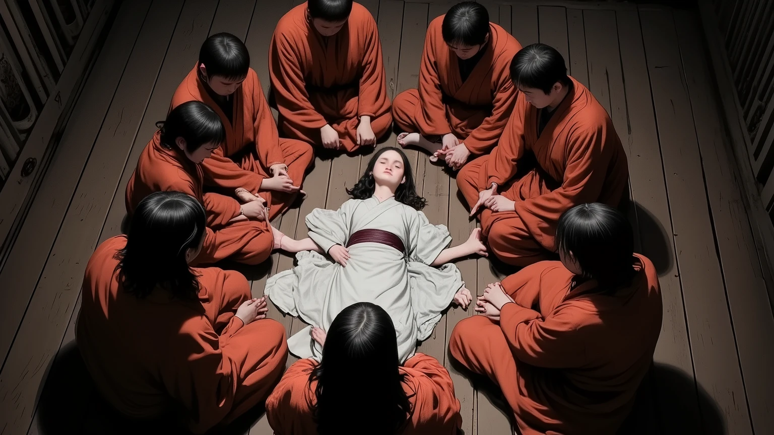 Overhead view from above, Eight Buddhist priest wearing orange kimonos and several prayer beads around their necks are sitting in a circle, fervently praying around a young woman lying in the center wearing a white kimono. The scene takes place inside an old traditional Japanese wooden house, dimly lit. The wooden floor and walls create a solemn and eerie atmosphere. The mood is mystical and unsettling, as if a ritual is taking place.