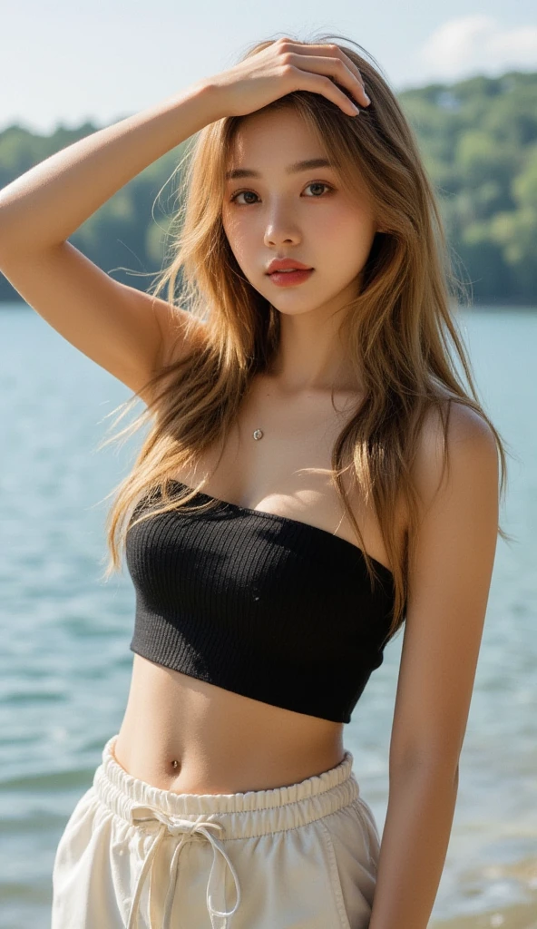 1 girl, alone, looking at the viewer, dark blonde long hair, camisole top, mini skirt, brown eyes, Coastal rocky background, small breast , lips, realistic, a konigsreuter、masterpiece, 最high quality, high quality, High resolution,