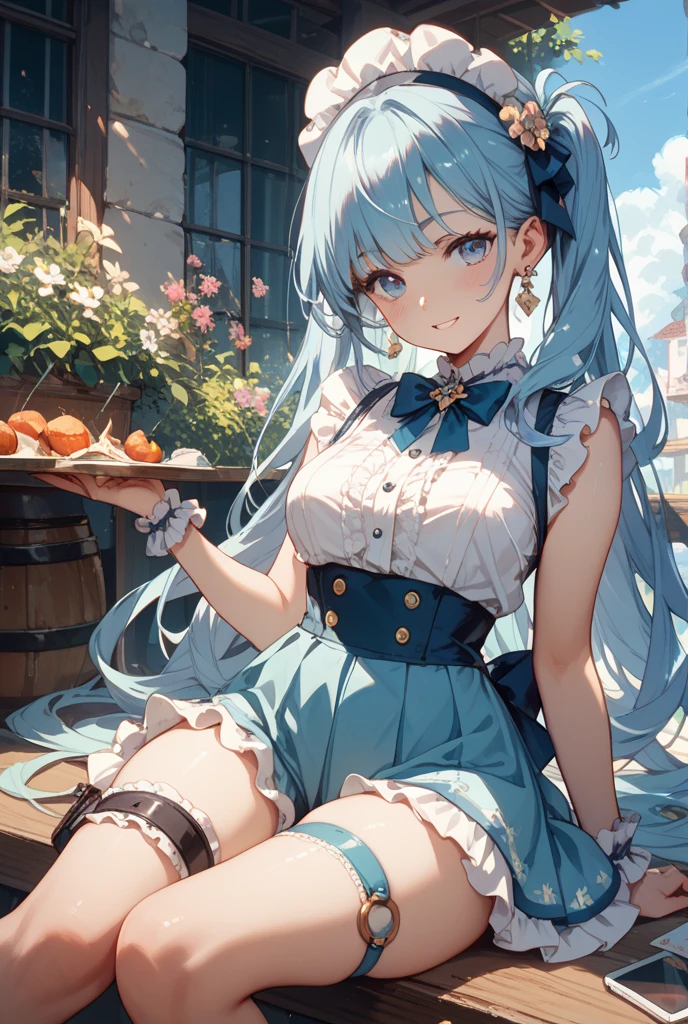 anime styled, High definition illustration, Perfect drawing, Anatomically accurate drawing, alice in the wonderland, Beautiful blonde girl lying on the table at a tea party, ((seminude:1.5)), Curta, A light blue dress with a simple design and frills., Layering a white apron,The Girl is sleeping with her eyes closed with a happy expression, The Girl'The apron and skirt are turned up and the pants are visible.., Rest in peace,((morpheus:1.5)), He opens his mouth slightly and breathes peacefully..,Close your eyes, light blue headband with white trim, Her dress is blowing in the wind and you can see her panties.., Cute and defenseless spread legs, Innocent sleeping face, White knee-high socks that reach above the knee, Breast bulge,Her nipple protrusions are slightly visible even through her clothes..