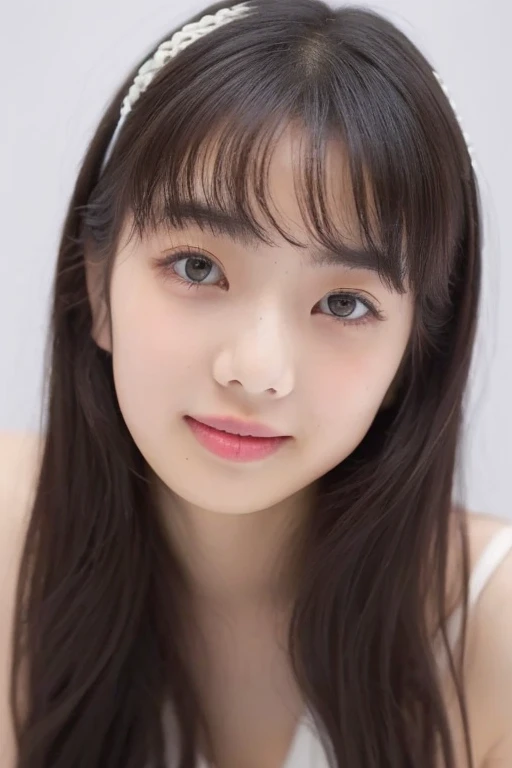 best quality, masterpiece, (photorealistic:1.3), a woman with a white shirt on posing for a picture with her hair in a bun, 1girl, asian, bangs, black_hair, brown_eyes, eyelashes, lips, looking_at_viewer, nose, singlet, photorealistic, realistic, simple_background, solo, underwear, Yabuki Nako, parted_lips, <lora:Nako-obentoai-v1:0.8>
