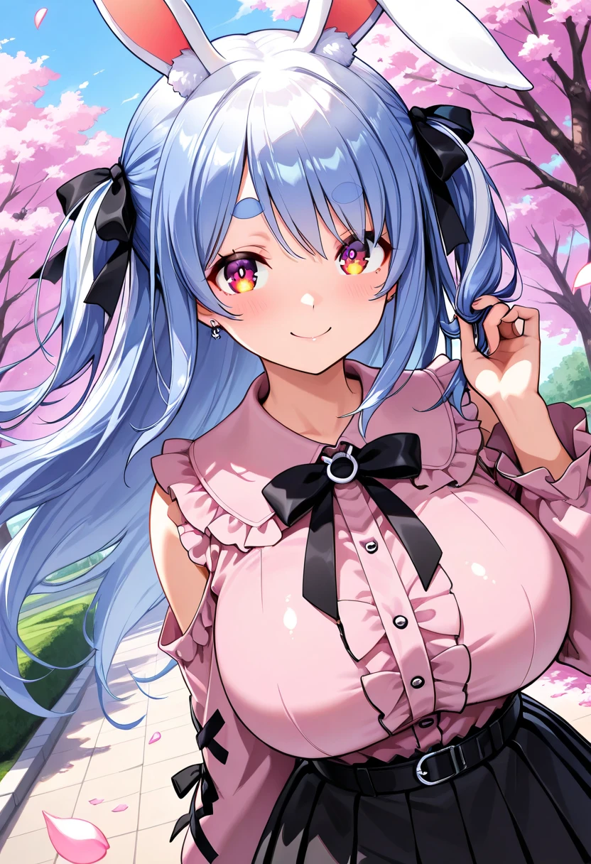 anime、1 female、lower angle、whole body、semi-long、Curly Hair、blue eyes、Dark lips、Well-groomed face、one piece、mini skirt、valley、Beautiful breasts、cherry blossoms、cherry blossoms吹雪、Kyoto cityscape、sunlight、masterpiece、Ultra-high resolution、delicate、16K、Perfect lighting