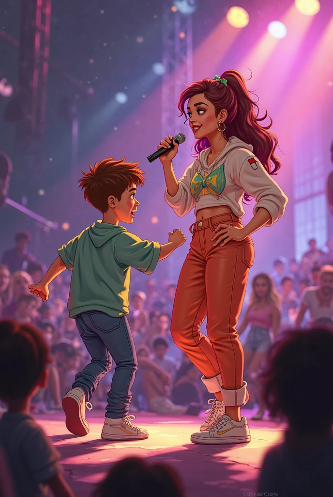 Hdr, masterpiece,4K, ray tracing, best quality, 1boy, 1girl, steven quartz universe, connie maheswaran,  face to face,enamored couple, passionate sensuality, nightclub background, erotic dancing, couple focused,  couple dancing together, highly-detailed animation, beautiful aesthetic, detailed smooth textures, motion lines,  incredible absurdres,  sharp gradients, deep highlights,  unreal engine,  incredibly detailed,  dynamic lighting, carnality,
dynamic perspective,  dynamism, brilliant shading, sensual  shadowing,  sensuous atmosphere,  intricate fabric details, amazing skin, perfect hands, perfect, perfect eyes,  steven quartz universe, age 23, fat man, handsome, wavy black hair, strongman waist, deep brown eyes, round face,  urban masculine rave outfit, connie maheswaran,  age 22, salacious rave girl, blue fire decal urban  rave minidress,  perfect square physique,  beautiful detailed black eyes, flowing, shining, wavy black hair, toned,  wide hips, firm chest, hypnotic hips, salaciously smiling, looking over shoulder
