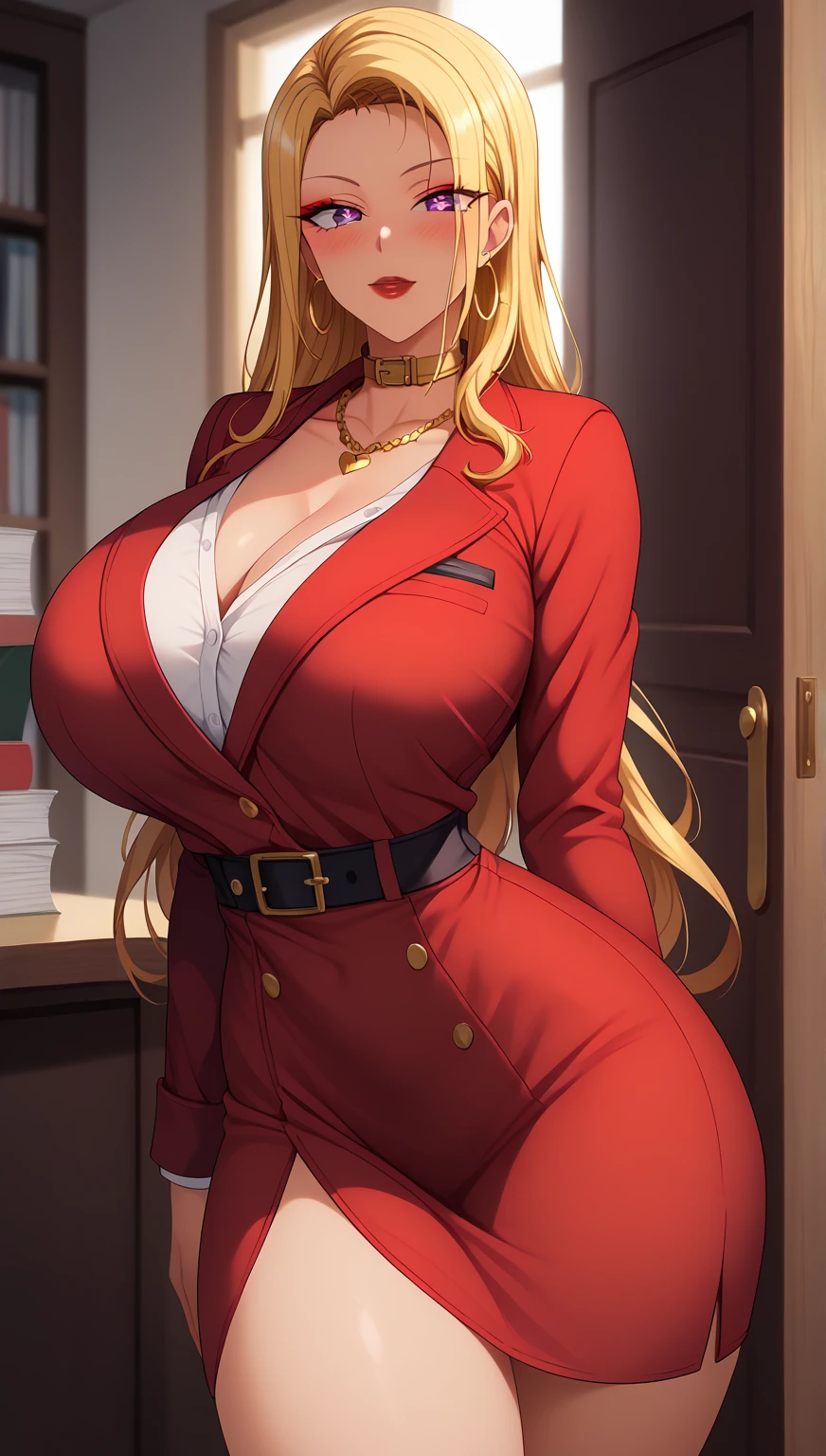 (masterpiece, highest quality:1.2),(Shiny skin:1.6), Upper Body, Detailed cloth texture, Detailed hair texture, One girl, alone, 17 year old girl sexy pose, Long eyelashes, Lips parted, shining pink lips, Red eyes, (The body is slim:1.1), (Beautiful blonde long hair:1.2), (Huge breasts:1.3), Floating Hair, (bangs), (Blazer uniform, stockings, belt, Pleated mini skirt), (Cleavage), (necklace, Earrings), smile, Blushing, View your viewers, (Cowboy Shot:1.5), coastal,Place your hands behind your back,arms behind back,glamorous pose,Hairstyle is wavy