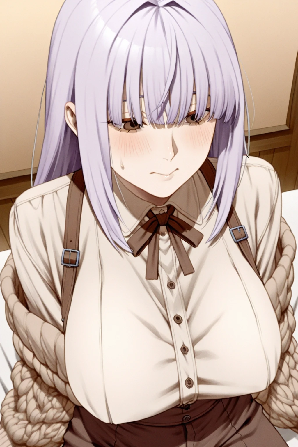 anime_still, masterpiece, best quality, sexy, 1girl, Gasai Yuno,(large breasts:1.5), nipples, solo, nude, as Gasai Yuno Sits in her kill room she stays blankly act a painting of her lover, she is wearing a black choker and black thigh highs and behind her there is a small table with a blood stained knife and a black face mask as well as a apron made of human skin, ((kill room)), ((blood)), ((psycho)),evil smile,dark and for Bodine atmosphere, she is hunting you