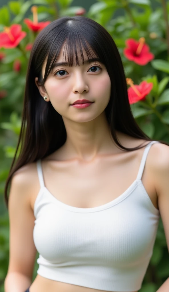 {top-quality}, {{masterpiece}}, {extremely delicate and beautiful},Outstanding light and shadow, highly detailed wallpaper,Clear and bright sunlight,1girl in、gaze looking beyond,red blush,Strong sunshine,delicate and messy hair,realistic skin textures, Pronounced pores and skin wrinkles,tropical rainforest,((strong light shines on the face)), full body, naked portrait, nude photography, detailed armpit, pussy pubic hair, shiny nipple