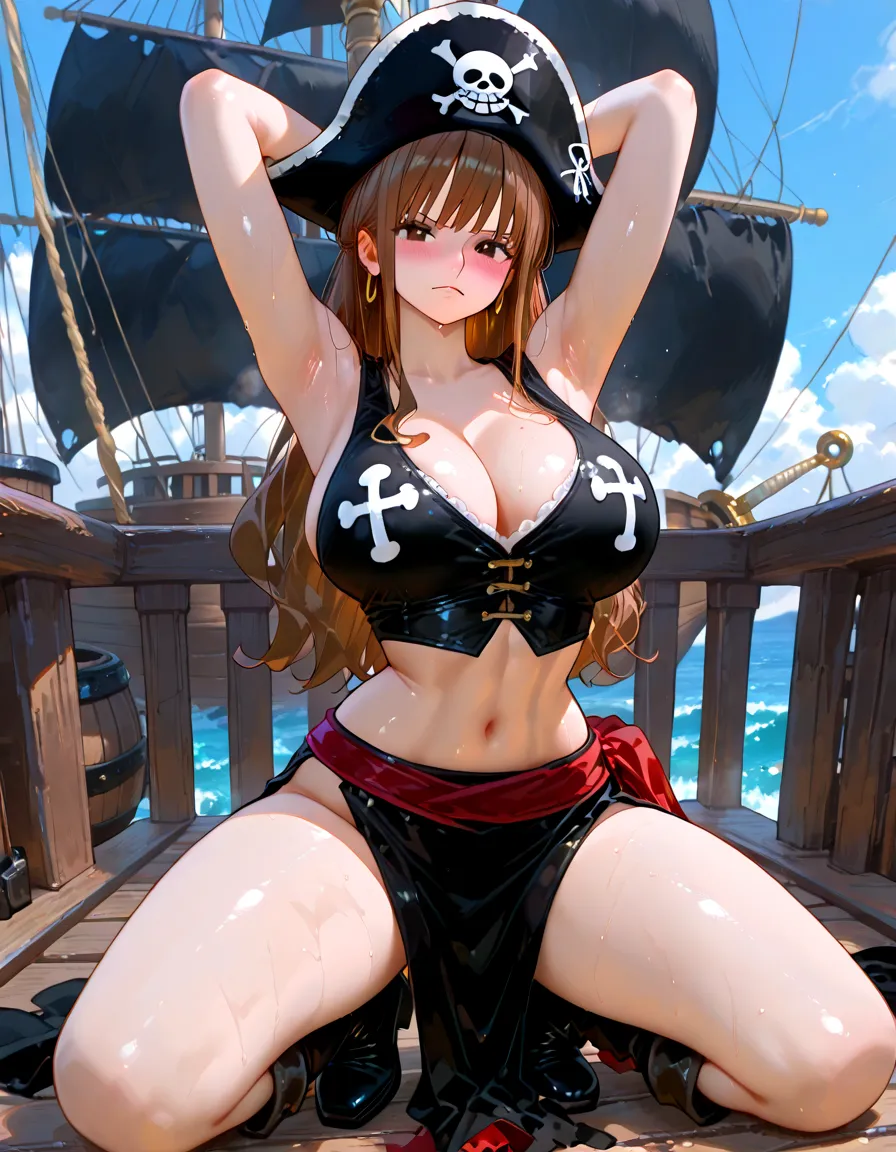 ((Backshots)),((on back))、(NSFW)、((Turn your buttocks))、copulation OK、((Open your legs))、20yr old、((One of the poses of a sexy model with protruding breasts.5)), ((Sexy model pose with buttocks sticking out))、(From below, focus on the ass:1.3), (Cowboy Shot), Pose showing your buttocks to the screen、 ((big butts))、((Big ass))、(Sexy round big ass)、((Underwear that digs into the buttocks))、((A smile))、looking down at viewer,,Surrealist portraits of women by David Hockney and Alphonse Mucha,((ultra gigantic tits))、((Upper body naked))、( Exposed)、((Pirate Ship))、Female Pirate、((Engaging pose))、Fantasyart、((bobhair))、((Golden hair))、((Sexy Pirate Costume))、((Sexy Pirate Costume))、((Sexy Pirate、Pirate clothing with less fabric))、Beautifully embroidered sexy pirate costumes,Decorated with fine embroidered pirate costumes and lots of fine jewelry,photographrealistic,动态照明,art stations,poster for,Volumetriclighting,extra detailed face,4 k'',((Colossal tits))、With diamonds,Sexy thighs,exposing the abdomen ,Chest 1 Girl, In the Dark, deepshadow, low tune, Cowboy Shot,(official clothing:1.4), The eyes are confused and seductive,legs separated