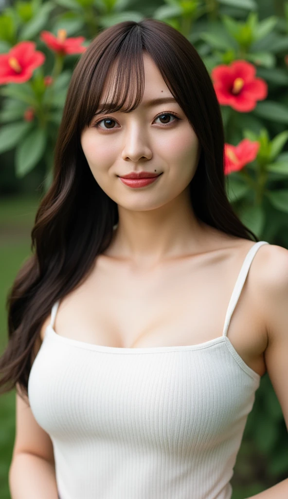 Hostess's face、Married women、Married Woman、Beauty、White sleeveless knit dress、high quality、Super Ultra Realistic、healthy、smile、Perfect figure、Japanese Beauty、 necklace、Earrings、Perfect eyes, beautiful skin、looking at the camera、Rainy Town