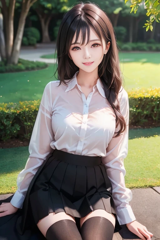 (1 Girl:1.3), Sexy pose, slim, (Reality:1.4), (masterpiece, Top quality, best quality, Official Art), Extremely detailed, The most detailed, (Extremely detailed), ((Extremely delicate and beautiful)), light, (Realistically:1.3), (High Detail Skin:1.2), high resolution, 8K UHD, 4K, 8K, Bokeh, Digital SLR Camera, , The best ratio of four fingers and one thumb, In a park with trees,Sitting on a bench、Spread your legs:1.3, ((Silky long hair)), (Brown hair), (Bun hairstyle), Tears, Pretty Face, Perfect face, highly detailed Pretty Face, Lovely, Shy,blush, Dynamic Angle, from above,Looking at the audience, Wearing brown sweater,nipple,Short skirt,Underwear can be seen from inside the skirt,B can be seen from inside the skirt