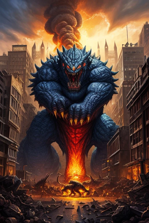 Photography of a colossal, rampaging monster wreaking havoc in a bustling city center. Towering skyscrapers crumble under its massive claws, while panicked crowds flee in terror. The monster's rough, scaly skin ripples with every movement and its thunderous roars echo through the chaos. The composition is a wide shot, conveying the scale of destruction and the overwhelming power of the creature. The lighting is dynamic, with explosions and fires illuminating the scene, creating a sense of urgency and danger. This photograph captures the catastrophic force and unstoppable fury of a monstrous being unleashed upon an urban landscape. --auto --s2