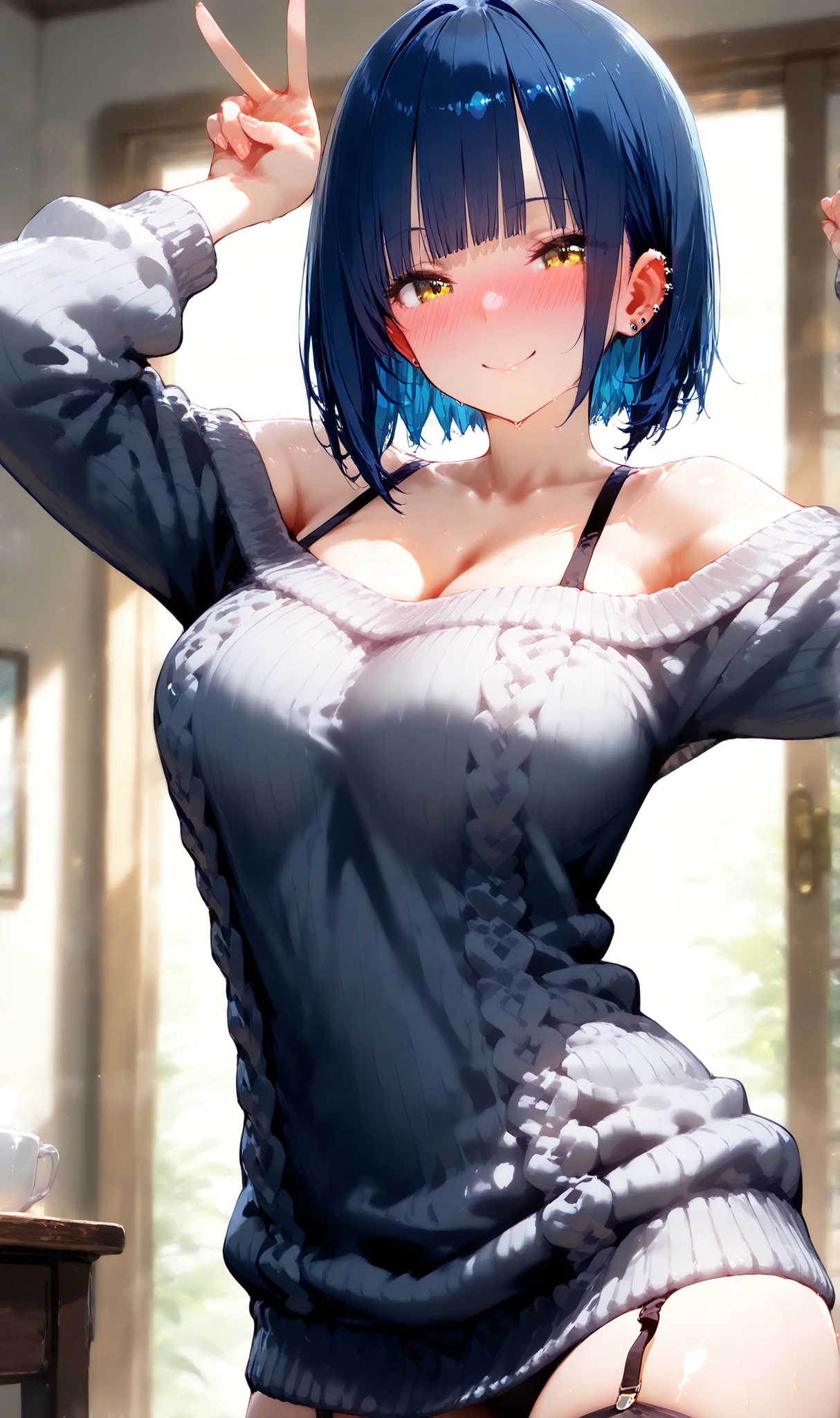Konan, blue hair, short hair, beautiful face, flower in hair, orange beautiful eyes, beautiful eyes, lavender eyeshadow, blush, smiling, sexy tube top, exposed shoulders, cleavage, cameltoe, medium chest, exposed navel, exposed abdomen, exposed midriff, exposed lower belly, exposed lower-abdomen, shiny, shiny belly, sexy belly, bellybutton piercing, extremely low-rise leggings, black seamless leggings, youthful, slim, slender, voluptuous, vivacious, beautiful, gorgeous, attractive, stunning, digital, masterpiece, high quality, highly detailed, looking at viewer, presenting, wall background, resting on wall, cowboy shot, close view, narrow waist, high resolution, baddie, sexy body, sexy pose, slimthick, low-rise leggings, hot girl,