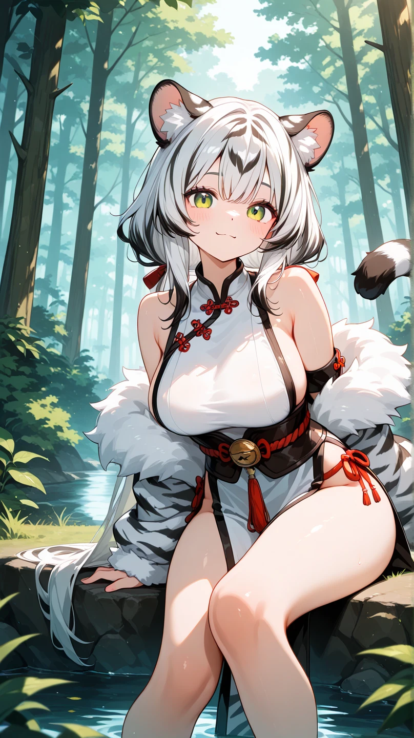 (1girl in:1.2), (Solo:1.2), masutepiece, nffsw、Shaders、Brilliant Textured Work、Ultra-detailed eyes、ultra-intricate pupil in eyes、top-quality、Gray hair、Wolf ears、shorth hair、Wolf's tail、muscular body、large full breasts、(Black tube top:1.4)、(Strapless:1.1)、Shoulder out、Navel、(Black shorts:1.4)、(Deep red eyes:1.2)、Ruby-like eyes、radiant eyes、(sharp eye:1.2)、Sanpaku eyes、Wolf hand、Skinny Legs、Mukimuki's abs、Fluffy fur boots、(all-fours:1.2)、dynamic ungle、(double tooth:1.4)、evil smile、the woods、(Sleeveless:1.2)、