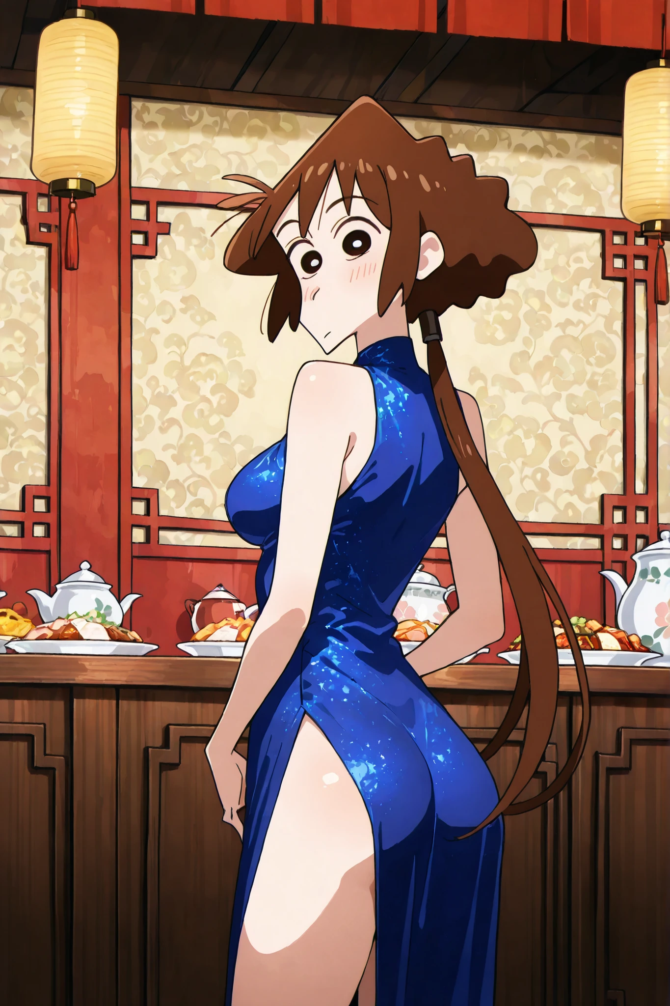 NSFW, Masterpiece, best quality, high resolution, very detailed, lora: misae nohara, dark brown hair、China blue dress, sleeveless,Chinese restaurant, (medium breasts)   inner thighs focus, pic from behind      (she is looking behind her back ar viewers)