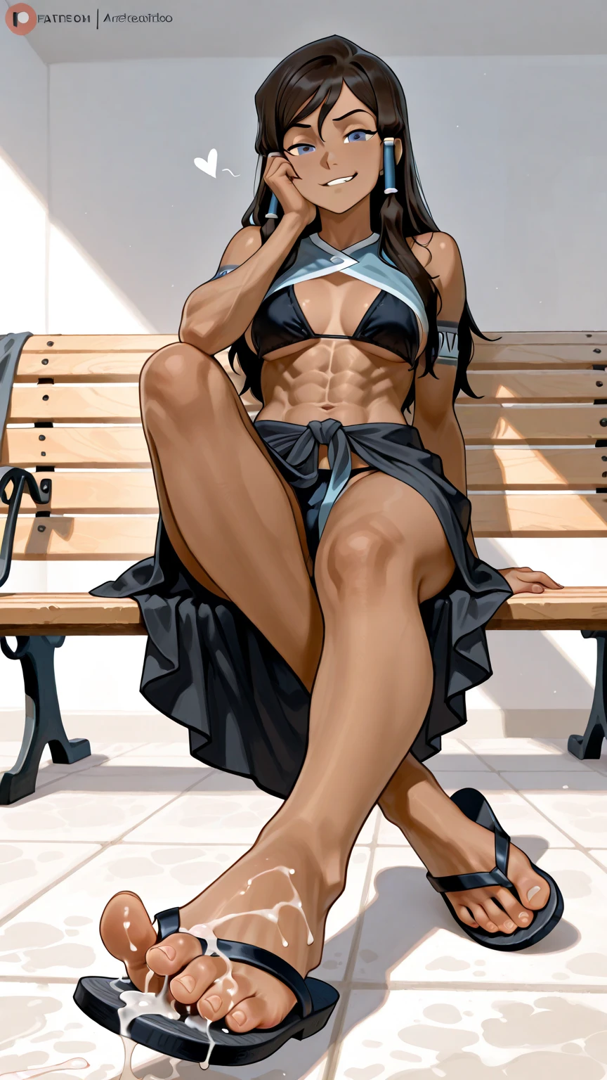 1 girl, bare shoulders, black hair, medium breasts, (muscular legs), (bare legs), white skin, muscular belly, wide hips, thin waist, (((clock eyes))), in the pool with the hot sun , (((sitting on the chair with her legs open showing her panties))), full body, hair band, (((all wet))), heterochromia, black high heel shoes, lolita hair band, long hair, red eyes, mischievous smile, (sly look), only, symbol-shaped pupils, (Kurumi tokisaki), (twintails), yellow eyes