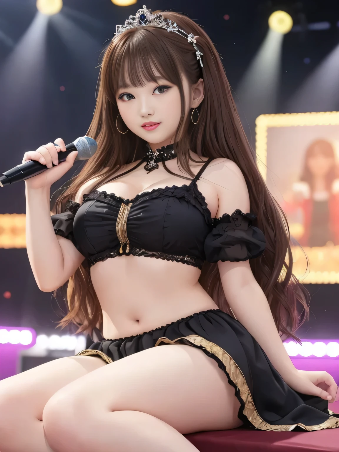 (top quality)、masterpiece、hyperrealism、princess who sits with her legs open in an m shape、
vibrant festival stage、Sing live 、Idol idol trio、
each participant with a microphone and automatic pistol in their hands has their own instrument、A sea of penlights、手にマイクと自動拳銃を持つ、 Posing ,
The dramatic atmosphere、with a microphone and an automatic pistol in hand gives this scene a special charm,Taken with X-T4,85mm,blurry background,
featuring sexy women、The girl is an enchanting princess、 Glossy Brown Hair 、middle twin tail、
cute、Red lips、Laughter 、perfect body、colorful dress、miniskirt、belly button、Chubby Glowing Thighs、amazing beauty、