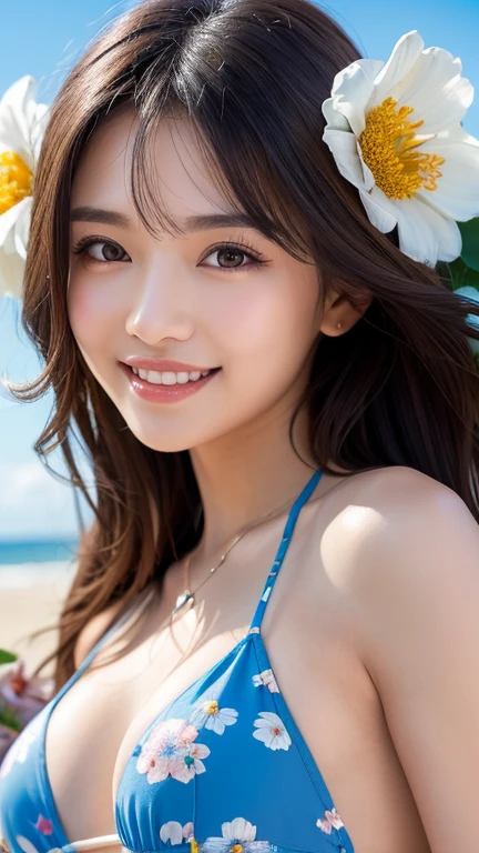 (Highest quality, masterpiece, Ultra-high resolution, (Realistic:1.4), Very detailed,8k,masterpiece, Winner of numerous awards, High detail), Background with blooming flowers,とてもbeautiful海,Very big ,Long Hair, smile,Hair Flower,Textured skin, beautiful,cute,Beauty,Big eyes,bold,Swimwear,