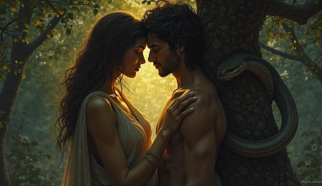 Adam and Eve together in the garden of Eden. Adam the man in his mid 20s, is a descendant of Aphrodite, ah inherited a certain beauty from him, The he looks very pale, with beautiful, slightly greenish hazel eyes, curly hair not so long, hazelnut brown but sometimes some reddish lights, the boy has a fit body, He is tall and very attractive, too handsome, He is and is in the garden of Eden, 32K UHD, extremely detailed, high definition, style raw and Eve in he garden of Eden, in a leaf attire, shoulders shown, beautiful woman with blue eyes, light brown hair, extremely detailed, High definition, 32K UHD, High resolution, Style Raw,