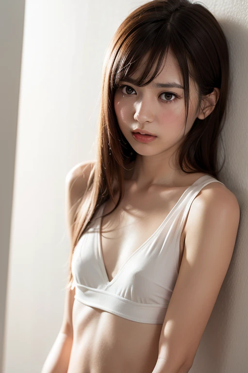 8ก, Masterpiece, best quality, realistic, very detailed, 1 Teen Girl,19 years old,(Sexy model),(Adult film heroine,Skin Show.:1.3), healthy body,allow'He already has a six pack..,healthy body,The body has clearly defined muscles..., realistic skin texture, very big breasts, Wear white triangle swimming trunks., revealing breasts, Black nipples, staring at the viewer.,Half-body photo from latex knee (soaking wet:1.4)