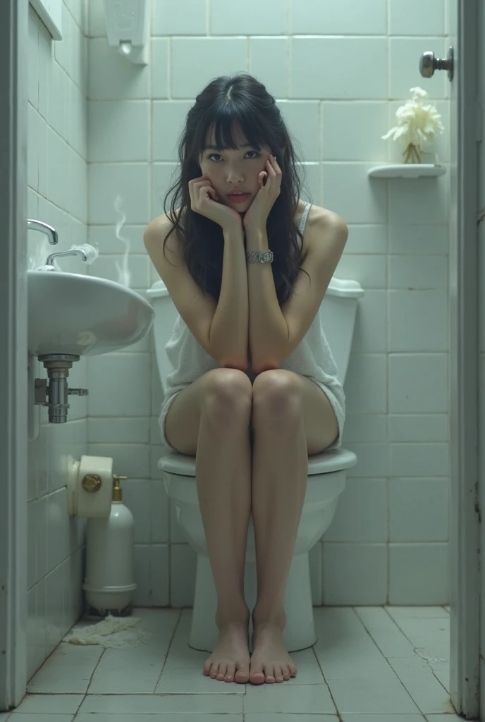 Woman sitting on the toilet