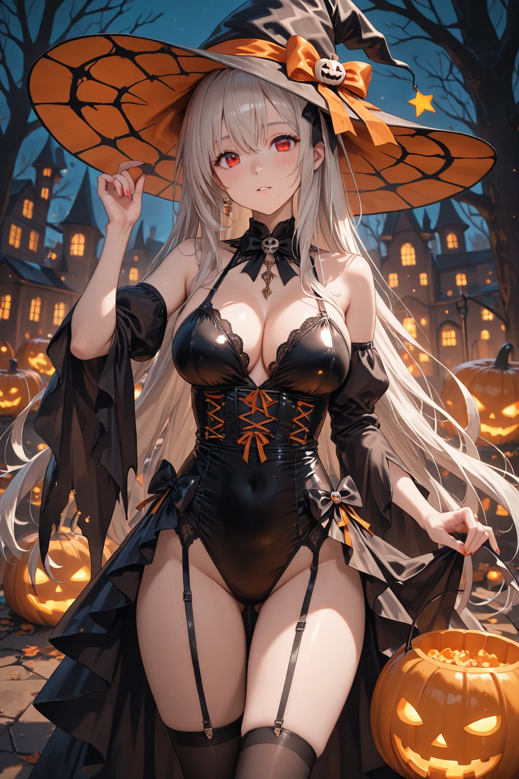 (Official art、Best Quality、Unity 8k Wallpapers、32K、​masterpiece、ultra-detailliert、超A high resolution、realisitic、Photorealsitic:1.2)、(Cinematic lighting:1.2)、Fireglow effect、film grains、Best Shadows、(Ultra-detailed and complex 3D rendering)、Detailed beautiful face and eyes、Realistic pupils、Sharp pupils、A slender、Medium bust、(Full body:1.2)、side lights、 Highly detailed background、(super detailed skin、detailed skin textures:1.3)、(Close-up of a group of carved pumpkins in the park, jack-o-lanterns, Pumpkin glowing under the tree, Halloween atmosphere, Halloween Scene, jack - o'- lantern, pumpkins, Evil spirits walk around with lanterns, halloween celebration, Halloween, Spooky and scary atmosphere, halloween theme, Halloween Decorations, halloween night, shutterstock, trick or treat, edited、Very colorful、Vivid Color)、shinny skin、 20-year-old beauty、Beautiful wavy platinum blonde hair、 Blue eyes、beauitful face、Playboy Bunny Girl、High-cut leotards、a bow tie、Cuffs、Wearing fishnet stockings、Black rabbit ears、Ghost pumpkin hair ornament、with a rabbit tail on the buttocks,,,,,,,、Holding a haunted pumpkin in both hands、Bring your arms forward、(Happy expression on face、Self-satisfied smile:1.2)、dynamicposes
