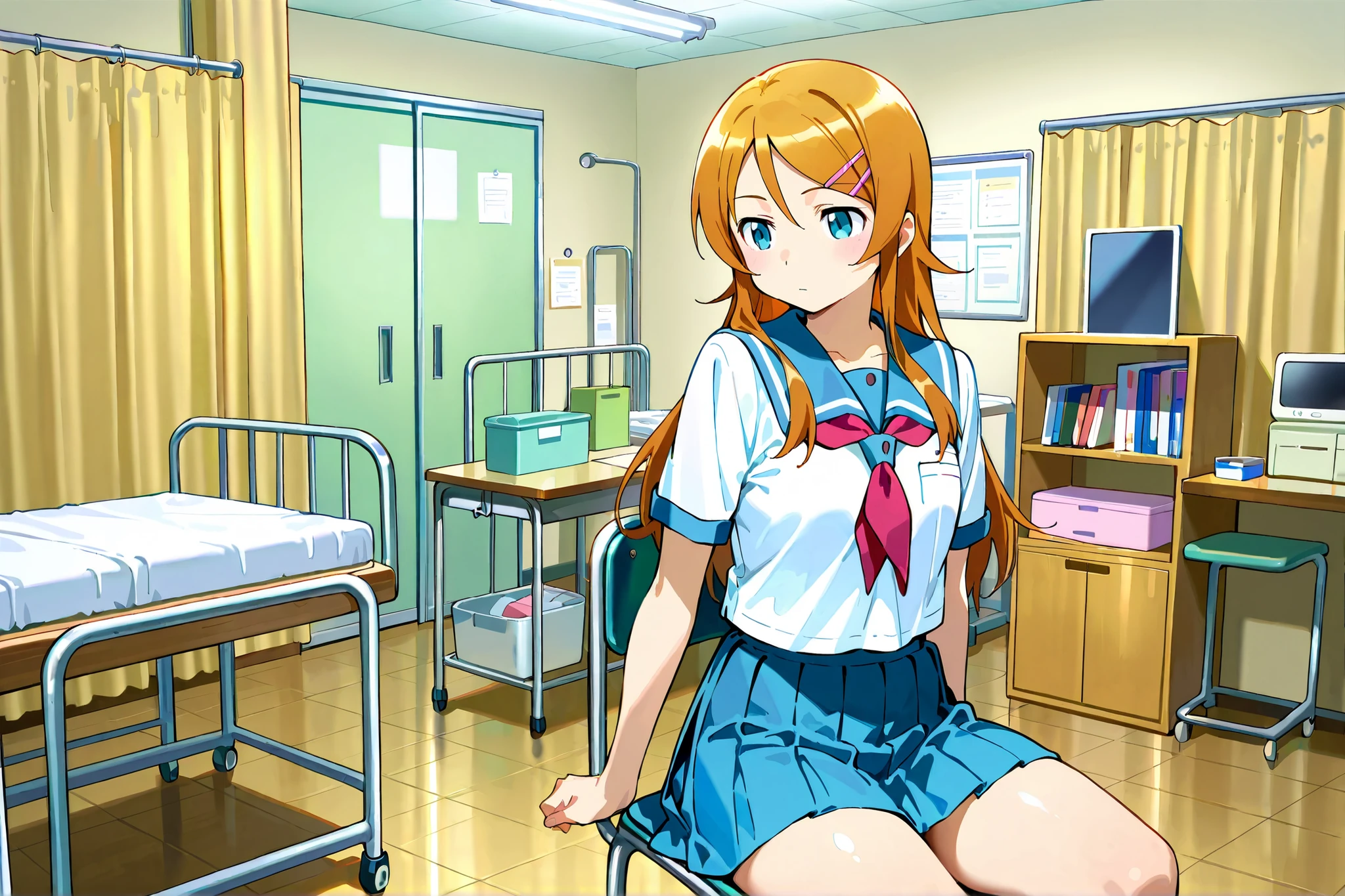 Expressionless kousaka kirino, serafuku, blue pleated skirt,short sleeves, red neckerchief,black socks, infirmary,sitting on chair,thick thighs