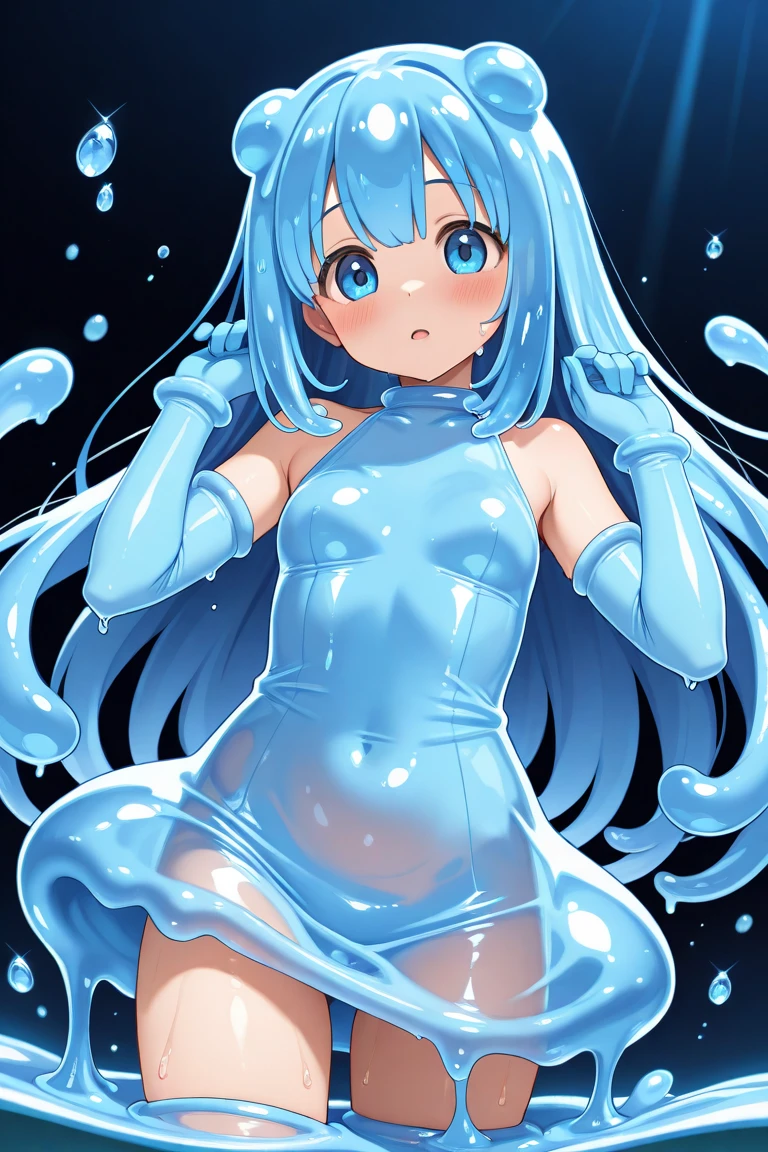 (Perfect body),Best Quality,(8K Portrait),(Official art)、((NSFW))、(((Lori)))、((Short stature))、((smirk grin))、((:D))、1girl in,(blush),(Sweat),(((flat chest)))、(thick thighs)、(big butts)、((Blue hair))、(Long hair)、((Twin-tailed))、Yellow Ribbon、((Light blue and white leotard))、 (yellow eyes)、Hands behind the head、Armpits、(spreading legs)、Cowboy Shot、in poolside、