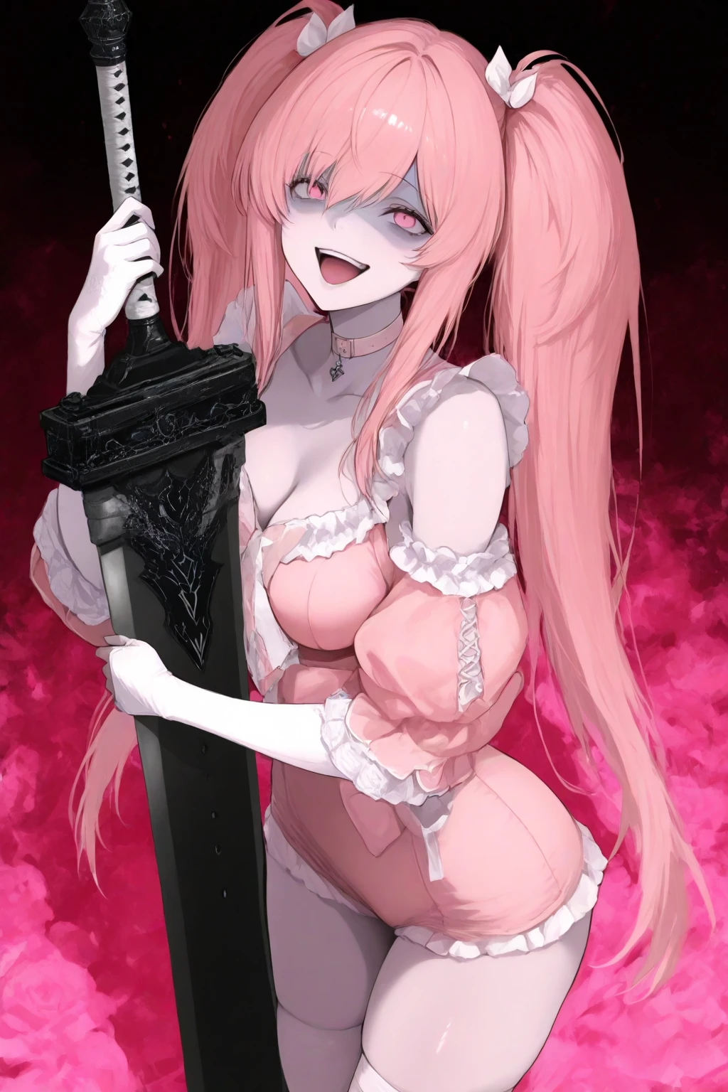 incredibly absurdres, best quality, 3rdasc, 1girl, solo, pointy ears, white eyes, grey eyes, slit pupils, pink hair, hair intakes, blunt bangs, hair ornament, facial mark and makeup, white headwear, large hat, hat flower, frilled hat, gag, improvised gag, gagged, cloth gag, closed mouth, grey skin, pale skin, colored skin, torn clothes, bangs, sideboob, breasts, large breasts, bare shoulders, rose, earrings, (dress, cross-laced dress, white dress:1.1), panties, white side-tie panties, (black hands:1.3), white nails, fingernails, jewelry, spiked bracelet, spikes, bracelet, detached sleeves, thighs, white cross-laced thigh boots, arms up, pantyshot, (detailed background featuring swirling rose petals in a dark and gloomy atmosphere)