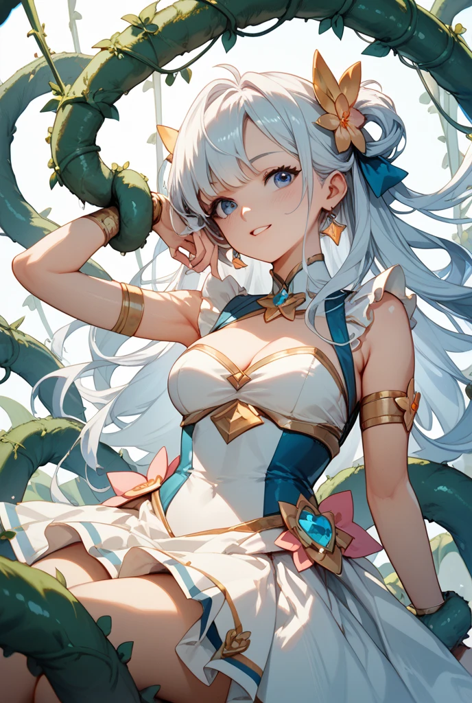 handsome girl,grey-eyes,grey pupils,Long white hair,Hyperresolution,accuracy,Detailed rendering,(Subtle facial image)(Image of fine hair)(topquality)(Masterpieces of masters)(High degree of completeness)(A sense of atmosphere)tmasterpiece,Super detailed and super detailed(half-body portrait), pokemon trainer, original pokemon trainer, (((Ankle length hair))) (((Ankle length curly hair)))(((Lapras)))