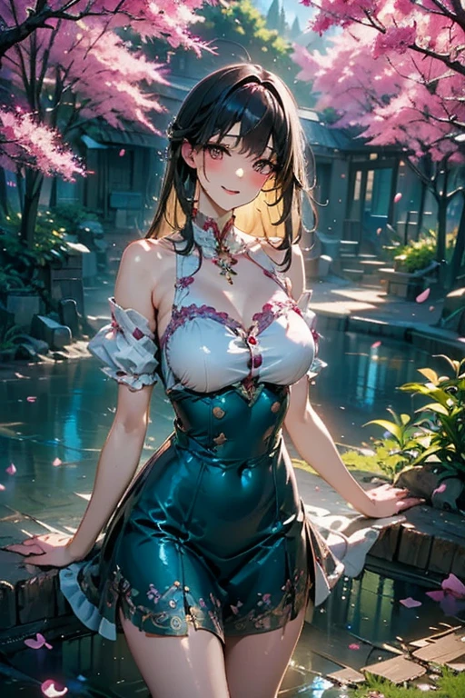Portrait of a beautiful woman with her hair uncut ,Full body photo、 Bold Pose, National Park Hiking Trails, Bright red lips, (masterpiece) (highest quality) (detailed) (8k) (High resolution) (wallpaper) (Cinema Lighting) (Sharp focus) (complicated)、Rainbow light、Multicolored Hair、(Inner Color: random)、((Hairstyle: short)), ((blush: 0.8)), Natural skin texture, Elaborate tattoos、((detailedな肌))、Open chest、Rough Chest Tank Top、、Emphasize the chest、Wearing a gorgeous gown、