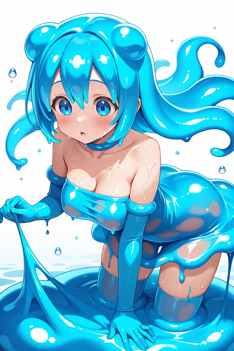 SFW. Very Cute. UHD 4K, 8K. High focus on graphics. Very detailed face and smile. Slime neko girl, with rainbow slime body, two pair of huge fluffy kitty ears, and very big breasts, wearing a slime bikini. Very slimey background. Cute rute rawr pose. Very sharp theets, very thoothy grin. Huge rainbow melted slime. 