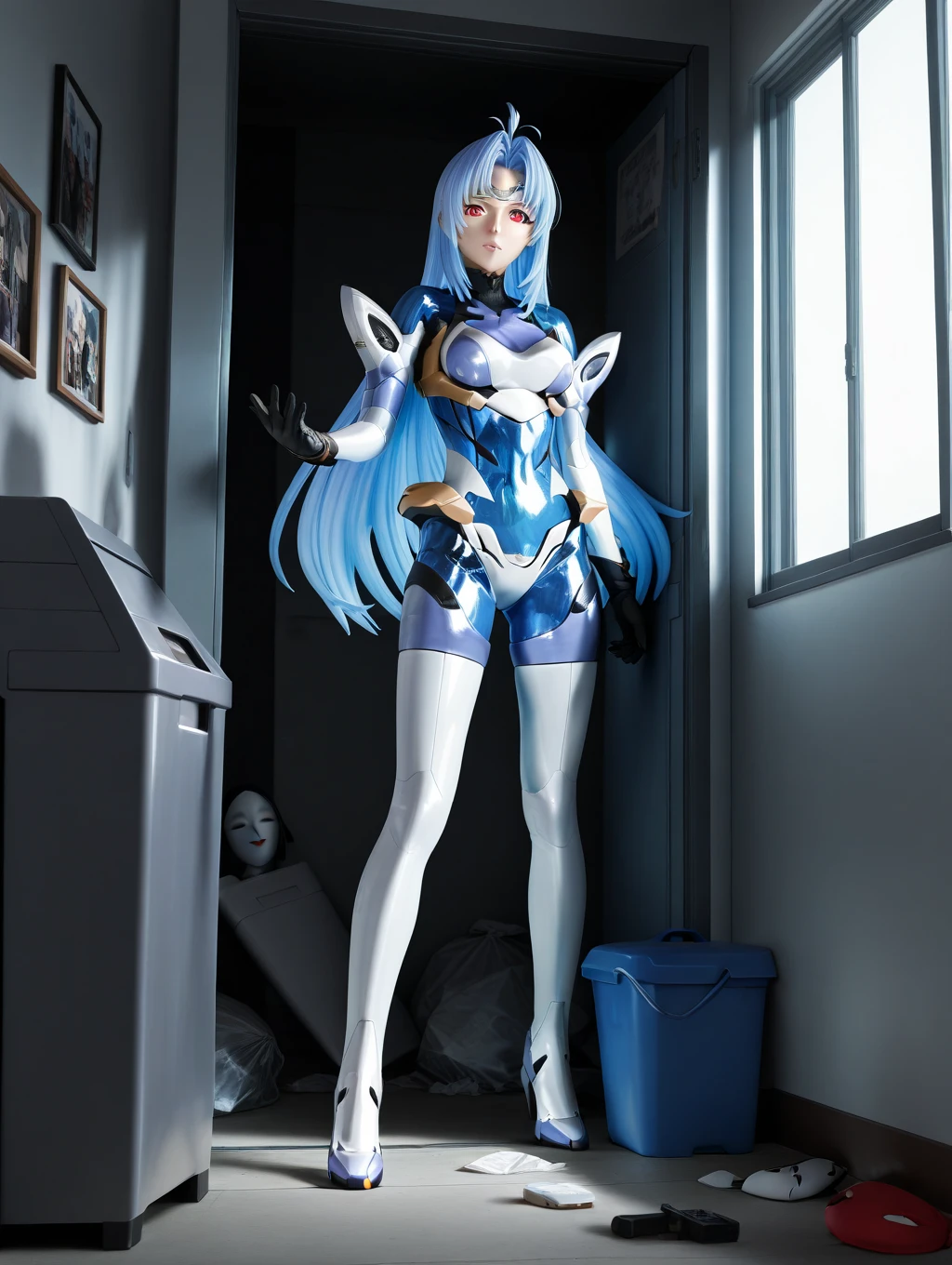 Blue Hair , Blue suit , Full Body Suit, Anime characters , Full Body Art, Full body wide shot, Female cyborg body, lycra costume