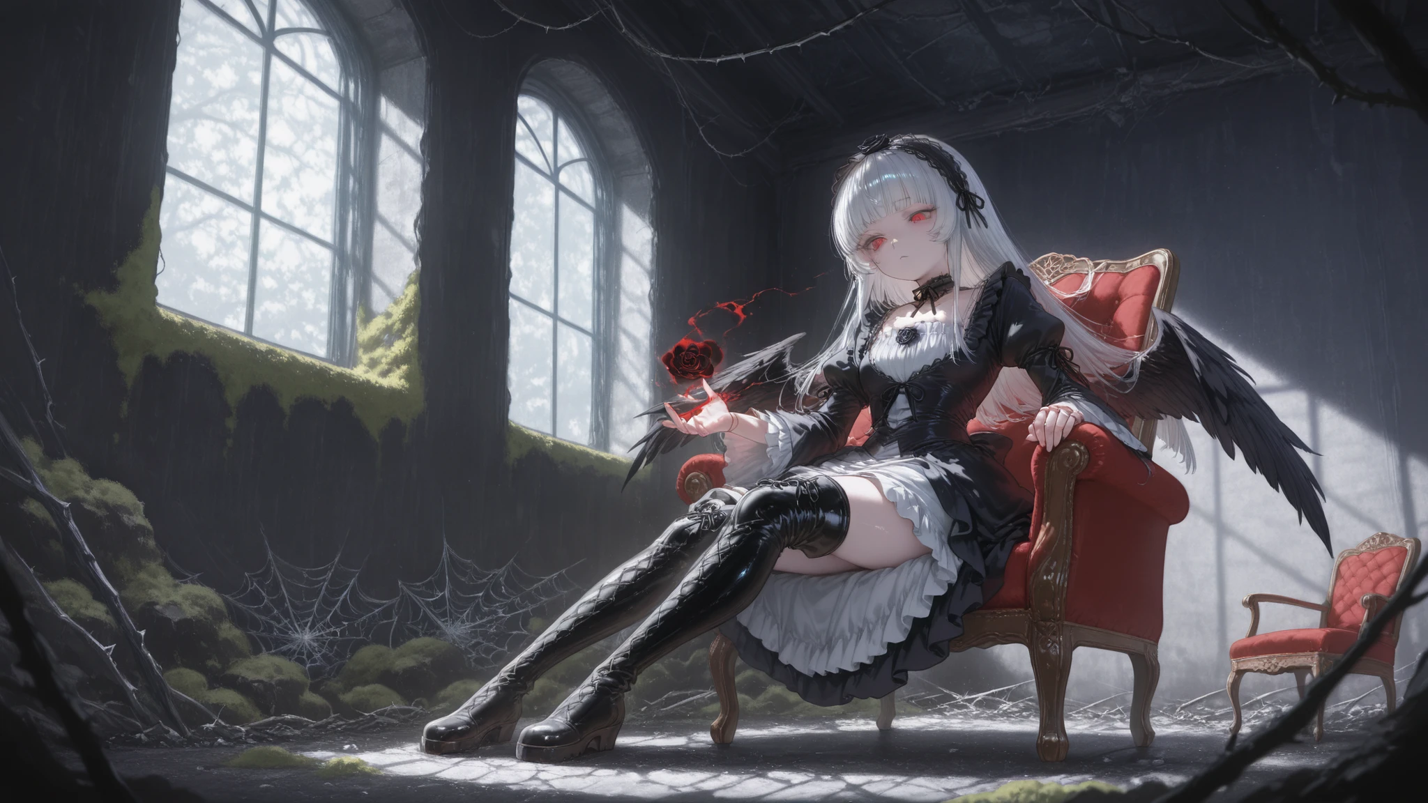((masterpiece )), (top quality), (best quality), ((ultra-detailed, 8k quality)), Aesthetics, volumetric lighting, (detailed line art),
BREAK,
highly detailed of ( dark elf), (1girl), perfect face, details eye, double pigtails hair, Blunt bangs, (hair between eye), blonde white hair, violet eyes, eyelashes, eyeshadow, pink eyeshadow, light smile, design art by Artgerm, by Kawacy, By Yoshitaka Amano,
BREAK,
portrait, frensh maid in a frensh maid outfit, victorian goth maid, headdress, indoors, ((antique victorian mansion)), dusty, dimly lit, candleholders, covered in cobwebs, cowboy shot, dynamic angle, side table, dangling her feet, glaring, grin, looking at viewer, rests her chin on her hand, (graphic background, (plain background)), correct anatomy, amano yoshitaka, webbedtech, fuzzy organic webs, eroguronansensu, horror, ゴート, gothic artstyle,
BREAK,
((perfect anatomy)), nice body, medium breast, extremely detailed finger, best hands, perfect face, beautiful face, beautiful eyes, perfect eyes, perfect fingers, ((dark skin))