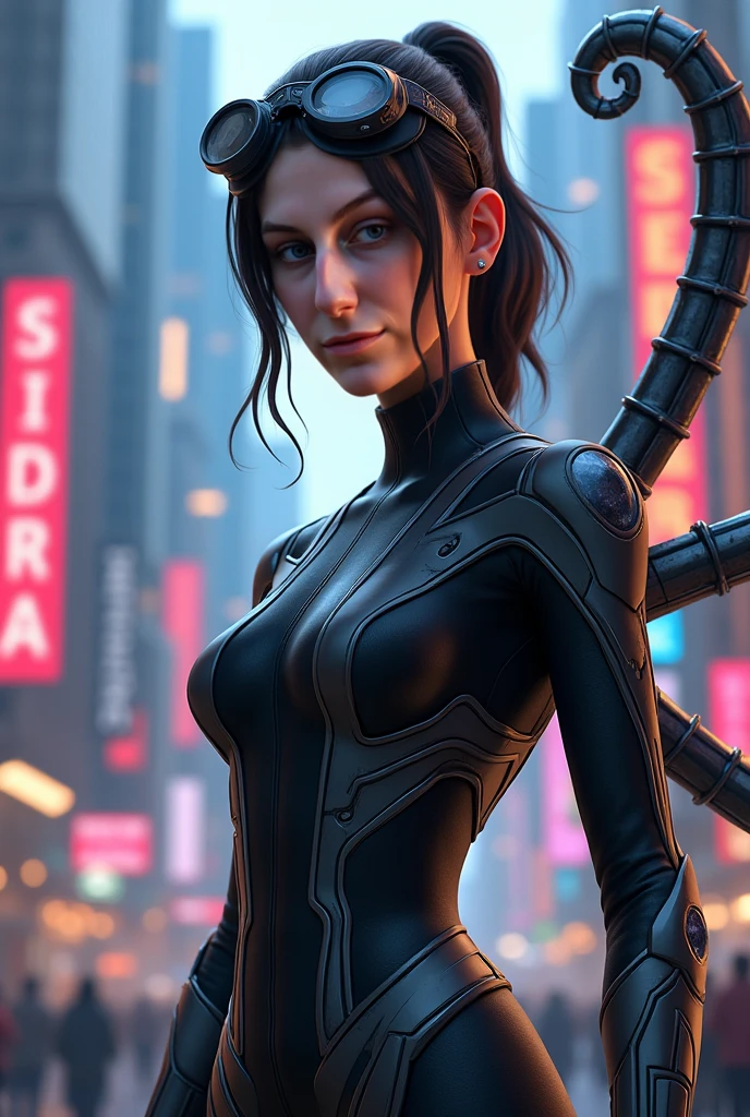 portrait of a beautiful brunette (( borg cyborg veins metal armor cable eyepatch )), Christina Chong beautiful face, narrowed eyes. smirk. black braided hair as an astronaut, hair in tight updo, d3m1r0s3, (wearing spacesuit:1.2), in a space station hallway,,,, hard shadows, masterpiece, intricate details,