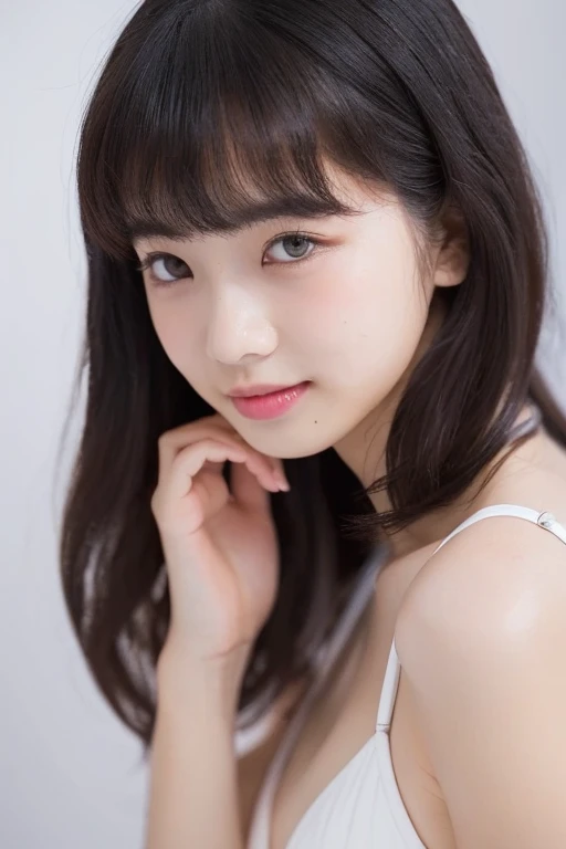 See through,Beautiful and fair、Glowing Skin, 3 Up, Nice, bright, Refreshing and gentle look, Perfect beautiful face、Beautiful shiny bangs, Very beautiful 17 year old girl, eyeliner, Very perfect eyes,Very small breasts,The original skin is visible through the grooves,white lace suspenders、White background、High Key Portrait、