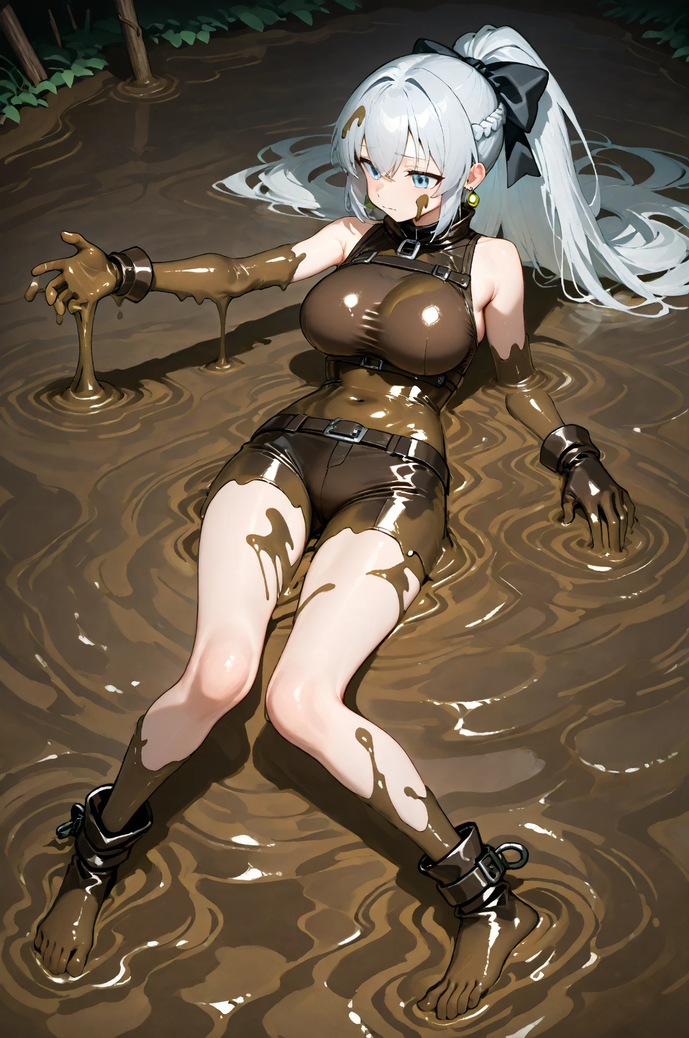 Black Hair、Iris、short hair、girl、cute、high school student、underwear、Skirt available、Small hair ornament、Brown Mud、Creamy Mud、Covered in mud、A happy look、Lots of mud、(He was covered in mud too.)、My clothes are covered in mud.、Panty shot、My body is covered in mud、My head is covered in mud