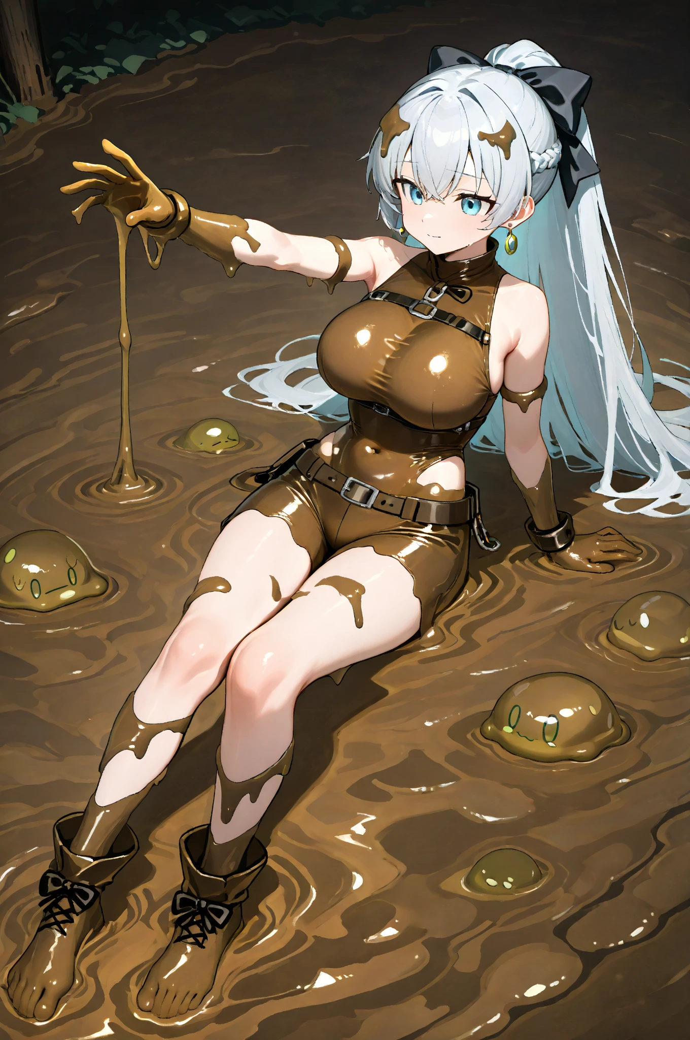 ((1 cyborg woman, amputated arm, amputated legs, green skin)),((giant breasts, lactating breasts)),((pussy oozing yellow liquid)),((nipple fuck)),((urethra insertion )),((chains attached to legs, arms and neck)),((short gray hair, yellow eyes, drooling, blushing)), a haunted forest, at night,